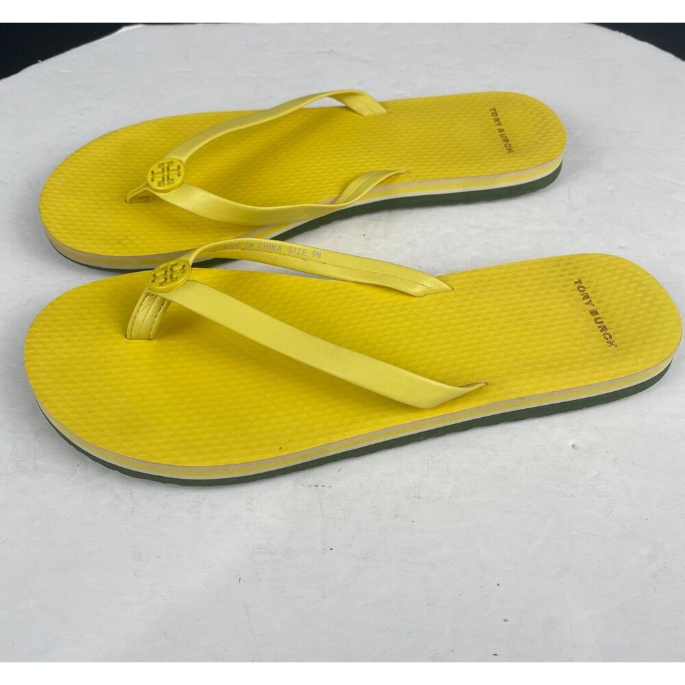 Tory Burch Womens sz 9 M Mini Minnie Flip Flop Thong Firefly Yellow Logo Sandals